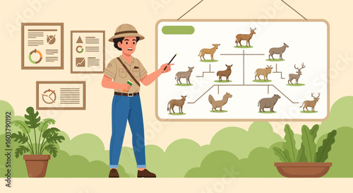 Illustrative Biology Lesson Featuring Wildlife Evolutionary Chart And Safari Instructor