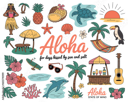 Whimsical Hawaiian Island Vibes in Aloha State of Mind – Tropical Illustrations Featuring Surfboards, Palm Trees, Ocean Scenes, and Sunshine Dreams for Summer-Themed Creative Projects.


