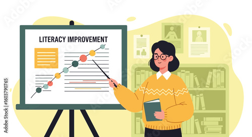 Teacher Explaining Literacy Improvement With Graph Presentation At Classroom