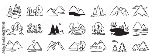 Mountains landscapes nature with pine forest, river, mount and hills doodle hand drawn icon set. Outline drawing rocky horizon environment line clipart symbol collection. 