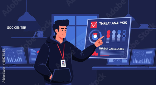 Security Analyst Investigating Cyber Threats In Modern Soc Center