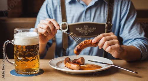 Man in traditional bavarian lederhosen eating grilled sausage with fork while drinking beer from glass mug. Gentleman enjoying authentic german cuisine during oktoberfest celebration
