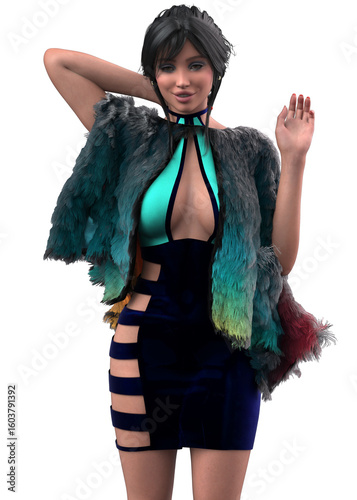 3D illustration of a fashionable woman in a modern outfit featuring a cutout dress and a multicolored faux fur cape. She poses confidently, showcasing a bold and trendy cyber inspired style.