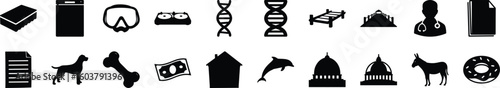 Silhouette Icon Collection – Science, Animals, Architecture & Essentials - A curated set of black silhouette icons representing various themes including science (DNA strands, stethoscope), travel 