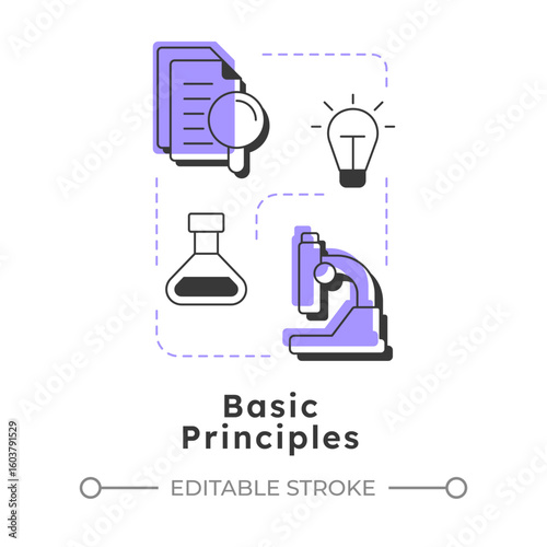 Basic principles modern linear concept icon. Testing activity. Technology readiness level. Research stage. Flat outline elements connected with dotted lines. Creative visual. Easy to edit
