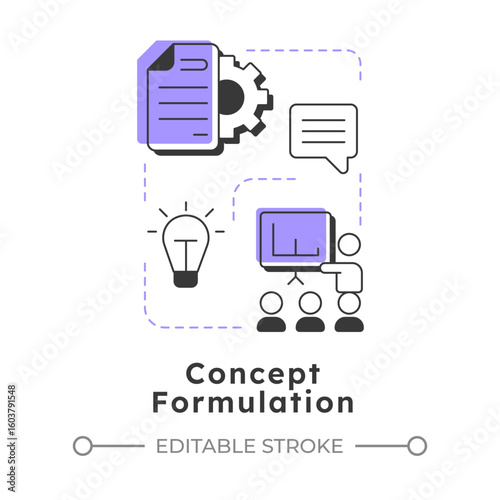Concept formulation modern linear concept icon. Potential application. Technology readiness level. Research stage. Flat outline elements connected with dotted lines. Creative visual. Easy to edit