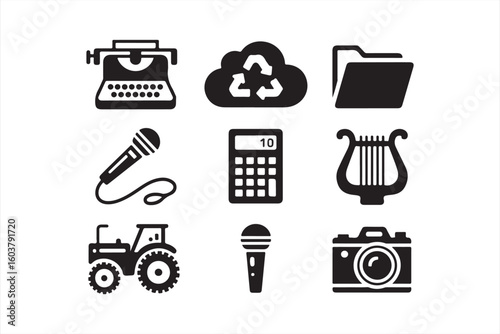 Minimalist Icons Featuring Office, Media & Farming Elements