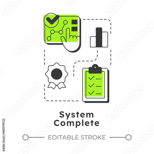 System complete modern linear concept icon. Product certification. Technology readiness level. Deployment stage. Flat outline elements connected with dotted lines. Creative visual. Easy to edit