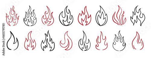 Hand drawn flames doodle set simple line art fire design