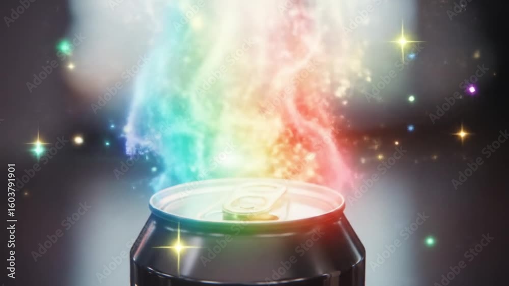 A black aluminum can emits a colorful, rainbow-hued smoke or vapor with sparkling lights, creating a magical and ethereal effect.