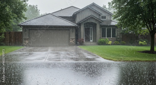 A house with a garage and lawn is seen during a heavy rainstorm on a cloudy and overcast day outside