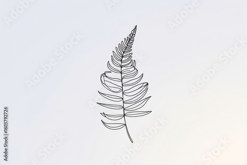 A delicate line art illustration of a single fern frond, elegantly drawn on a simple, clean light gradient background.
