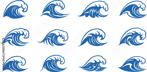 Ocean wave icons set, flat sea splash vector, marine water design elements, stylized blue surf symbols, cresting wave silhouette illustration