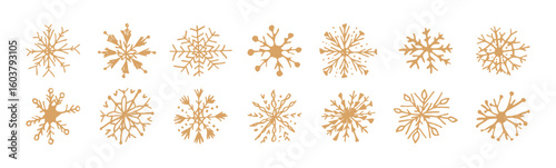 Gold hand drawn snowflakes set. Winter vector icons. Collection doodle snow flake, crystal ornament. Design element for new year, christmas cards banner poster. Cute decoration.