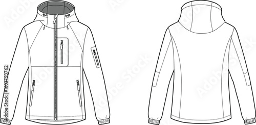 Outdoor technical jacket vector illustration, front and back hoodie design, cad drawing sketch, zip pockets, fashion template, windbreaker style