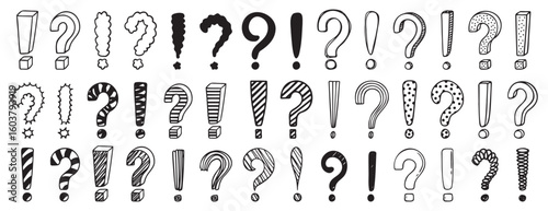 Doodle exclamation mark and question marks set. Hand drawn drawing punctuation symbols, creative ink stroke question exclamation mark icon set.