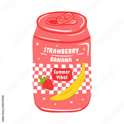 Soda in aluminum can with strawberry and banana flavor. Vector illustration in hand drawn style. Soft drink for advertising, posters, packaging and merch