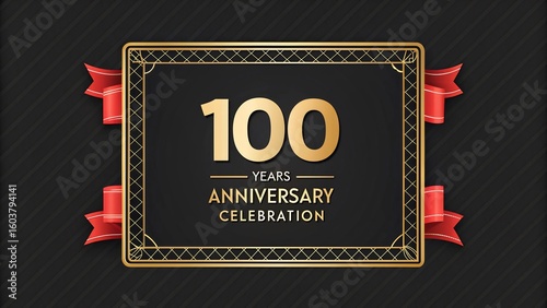 A golden frame commemorates a century of celebration with red ribbons on a striped black backdrop