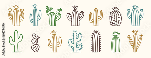 Collection of doodle wild west cactus icons in minimal desert style, hand drawn cacti