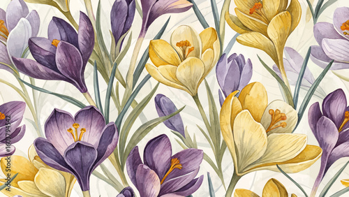 Crocus flower pattern repeats seamlessly, watercolor effect, bright shades, perfect for fabric or wallpaper.