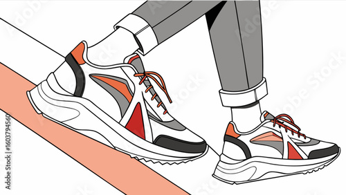 A person walking in white sneakers with orange and red accents across a pink and white crosswalk