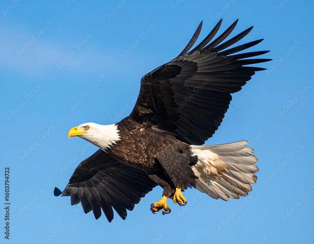 Naklejka premium Bald eagle in flight against a clear blue sky