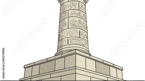 Illustration of a column with decorative carvings on a tiered base against a white background space