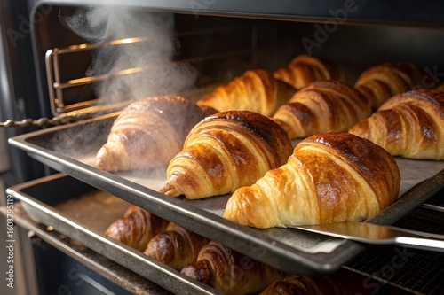 Freshly Baked Golden Croissants with Steam Coming Out of the Oven