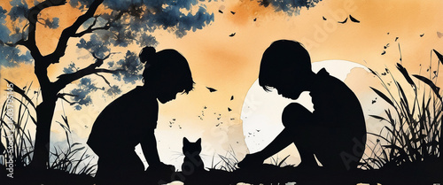 Children and a cat under the sunset sky. Watercolor style illustration with silhouettes of children and cat.