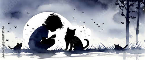 Silhouette of a cat and a child communicating. A cat and a child in a field under moonlight. Gray watercolor illustration.