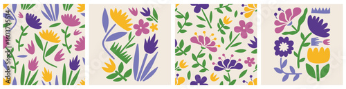 Doodle floral seamless pattern colorful set. Creative trendy flower collage or posters and floral pattern collection. Vintage cartoon hand drawn nature simple spring elements