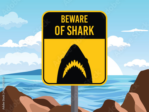 yellow rectangle sign danger beware shark on sea background