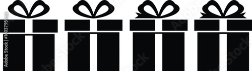 Set of black gift box icons with ribbon bow, holiday present silhouette symbols, flat vector illustration for festive occasions