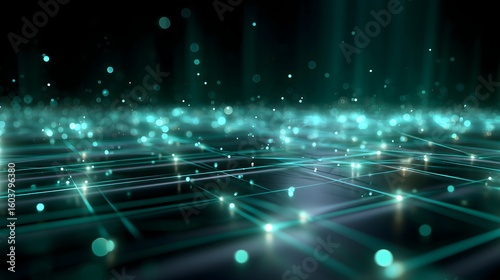 A glowing 3D neural network grid with emerald green and teal nodes, floating light particles, and soft depth of field in a dark space background with cinematic lighting effects.