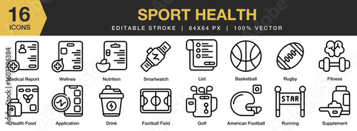 Sport Health icon set. Editable Stroke Icon Collection. Includes sport, fitness, workout, health, exercise, and More. Outline icons vector collection.