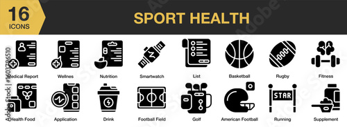 Sport Health solid icon set. Includes lifestyle, training, healthy, activity, athletic, and More. Solid icons vector collection.