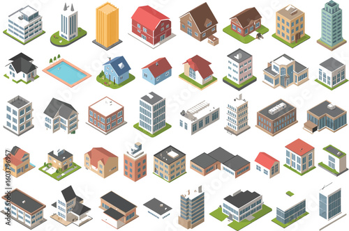 Seamless pattern of isometric house icons in urban and city design style