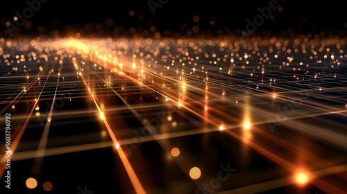 Futuristic 3D neural network grid with glowing orange nodes, vanishing point perspective, warm lighting, and golden haze on dark background.