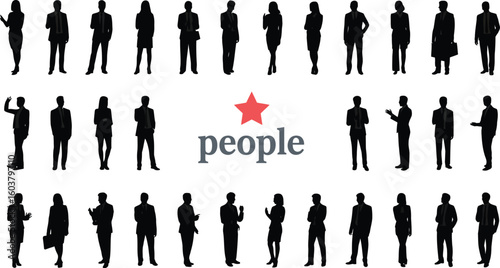 Silhouette of a man holding a gun standing among a group of people in business attire