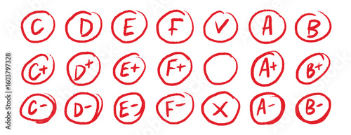 Hand drawn school grade circles red marks set educational design