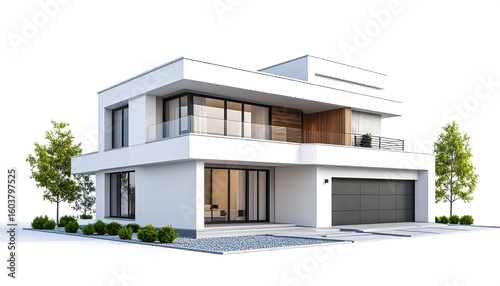Modern white house with trees with isolated.