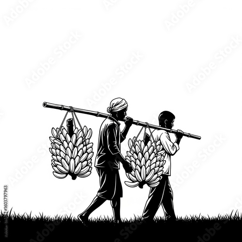Banana Harvest Journey: Rural Farmers Carrying Fresh Fruit on Shoulder Pole