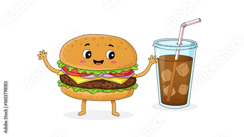 Happy cheeseburger with lettuce, tomato, cheese and a soda cup with straw. Bright colors on white background. Fun fast food character art. Suitable for animation.