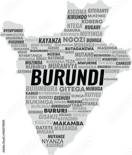 Vector Map of Burundi with Cities and Landmarks – Black and White Typography Design