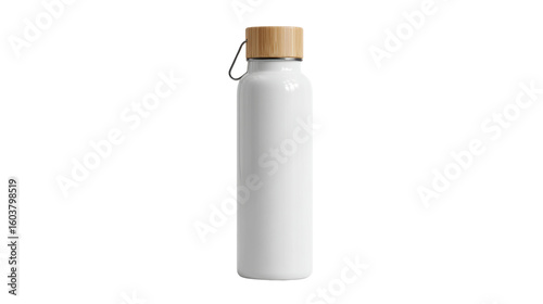 Reusable water bottle with a wooden lid on a white isolated background.
