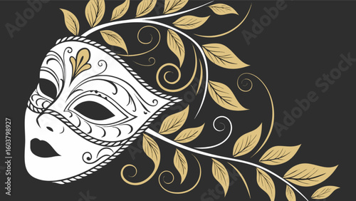 Elegant white venetian mask with golden floral accents on a dark background creating a festive design
