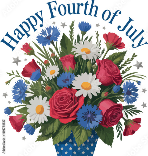 Patriotic Floral Arrangement for Fourth of July Celebration Featuring Roses Cornflowers Daisies and Stars in a Festive American Vase