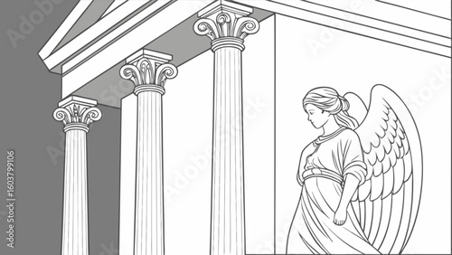 Illustration of a classical building facade with columns and an angel standing beside it