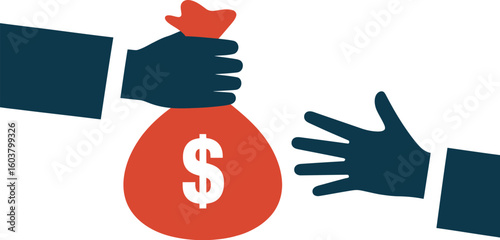 Hand reaching for money bag, representing financial exchange or acquisition.