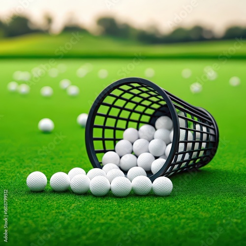 Golf balls spilling from a basket onto a lush green driving range